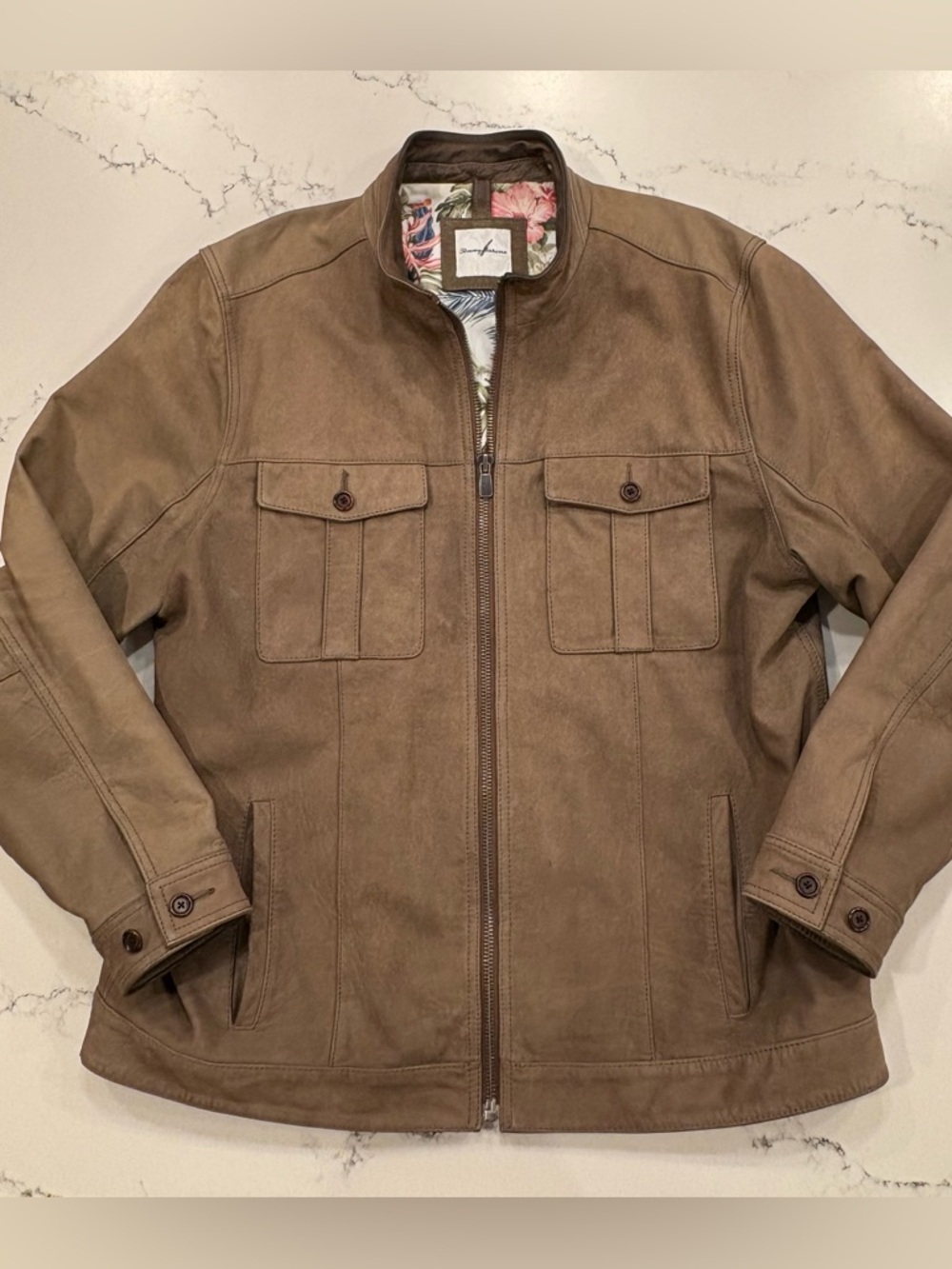 Tommy Bahama Bronson Bay 100% Cowhide Leather Brown Zip-Front Field Jacket
